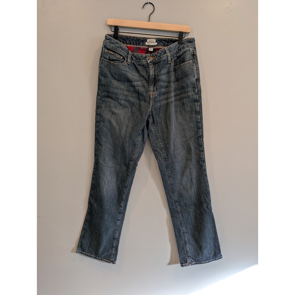 LLBean Favorite Fit‎ Jeans Size 10 Regular Blue Denim Plaid Lined Cuffs
